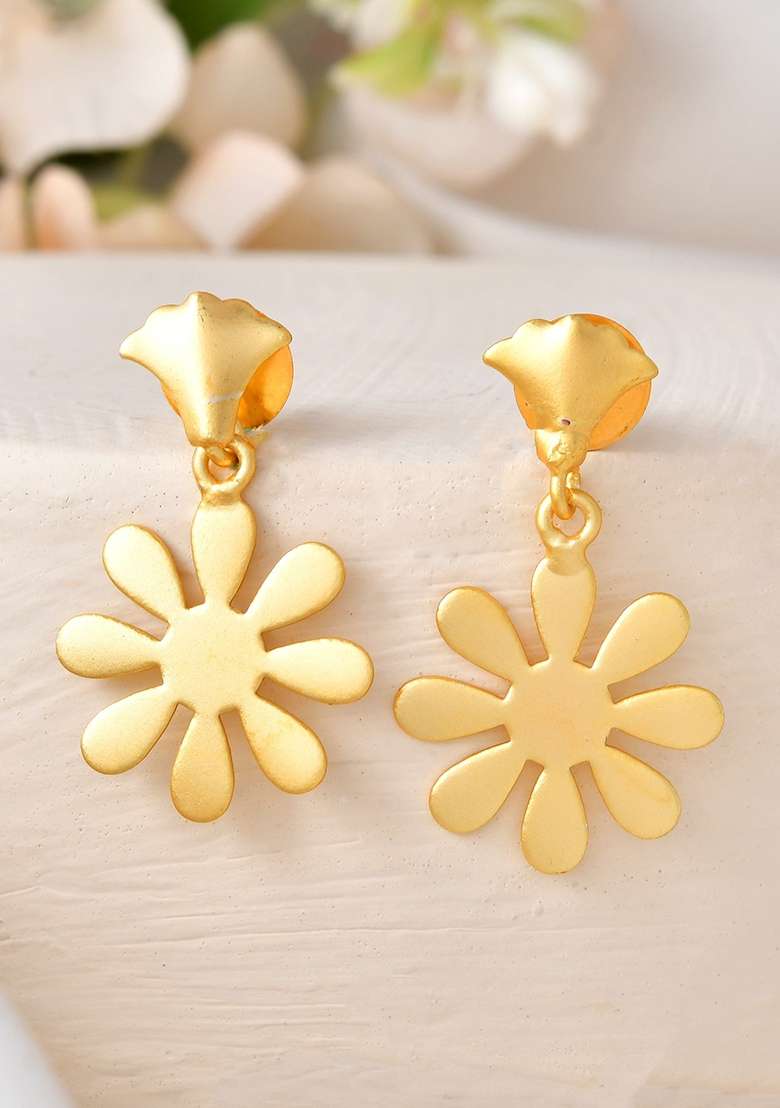 18K Gold Plated Anti Tarnish Flower Shaped Drop Earrings - Indya