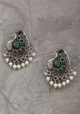 Green Stone Oxidised Peacock Earrings For Women