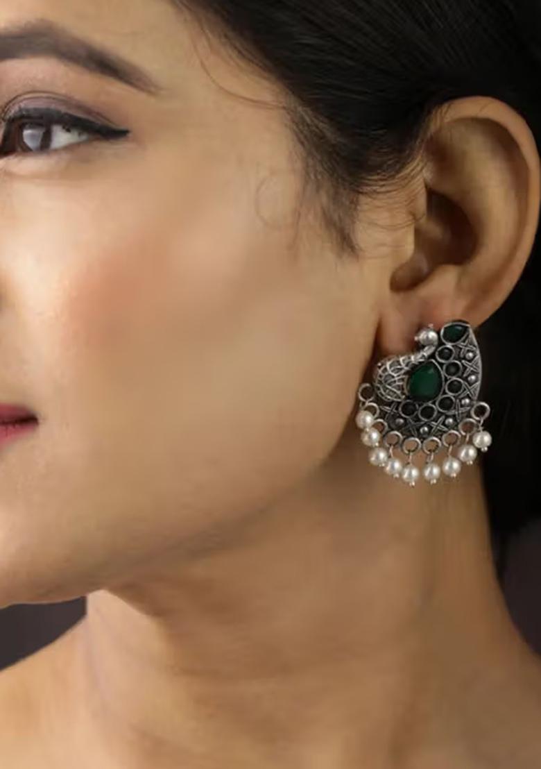 Green Stone Oxidised Peacock Earrings For Women