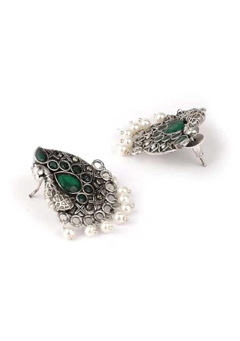 Green Stone Oxidised Peacock Earrings For Women