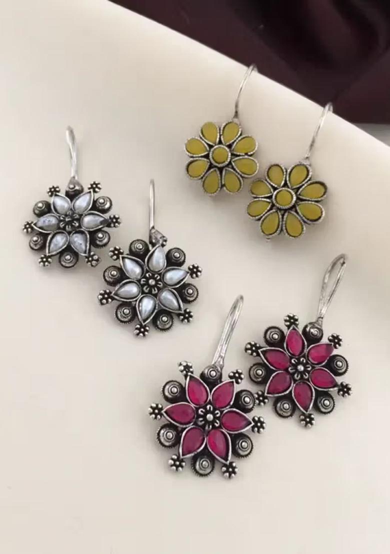 Pink Yellow And White Stud Earrings Combo For Women