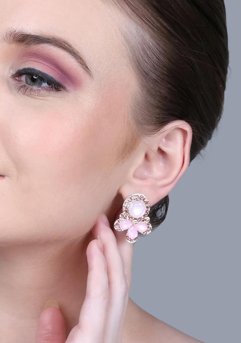 Pink Triple Drop And Round Stone Earrings For Women