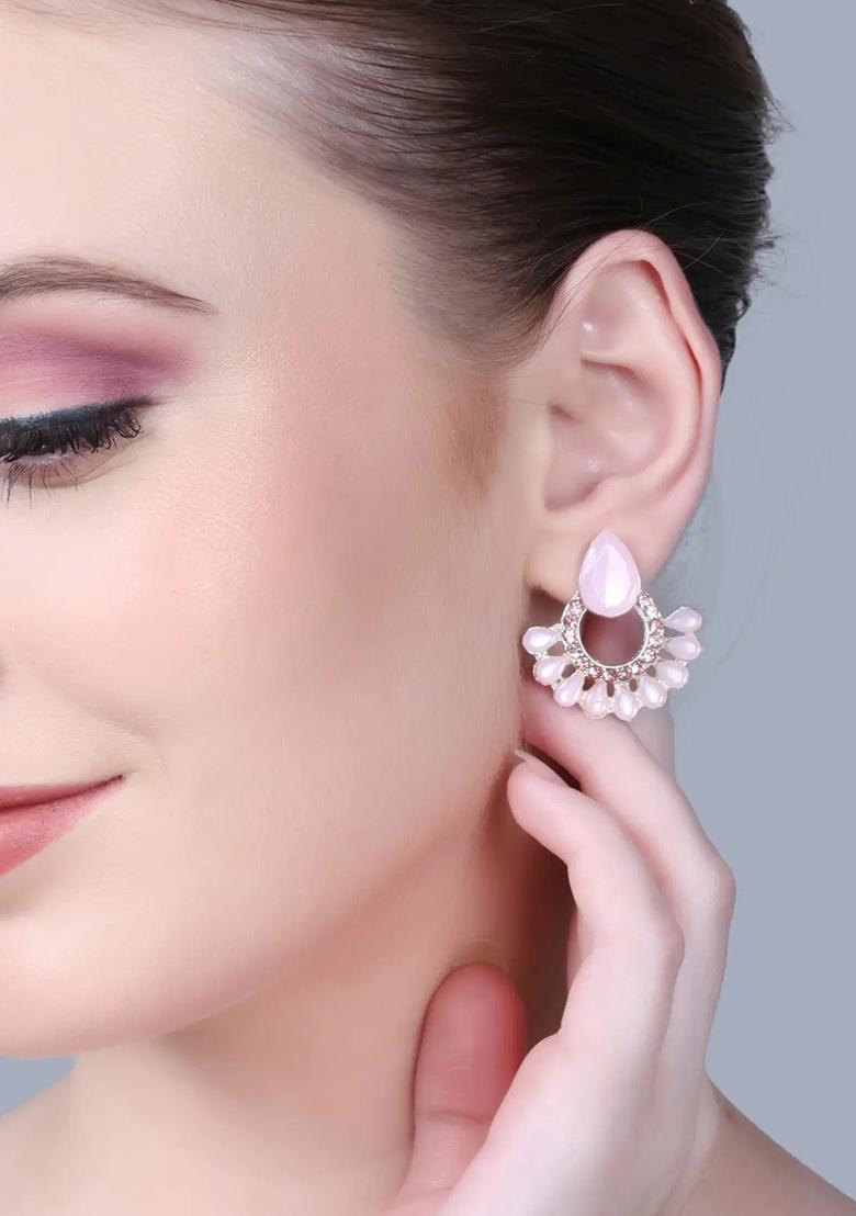 Pink Statement Earrings With Big Stone And Multi Studs