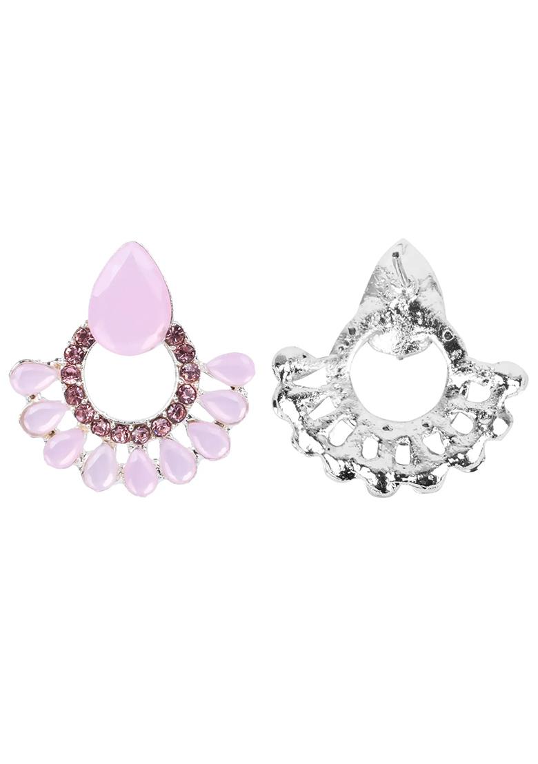 Pink Statement Earrings With Big Stone And Multi Studs