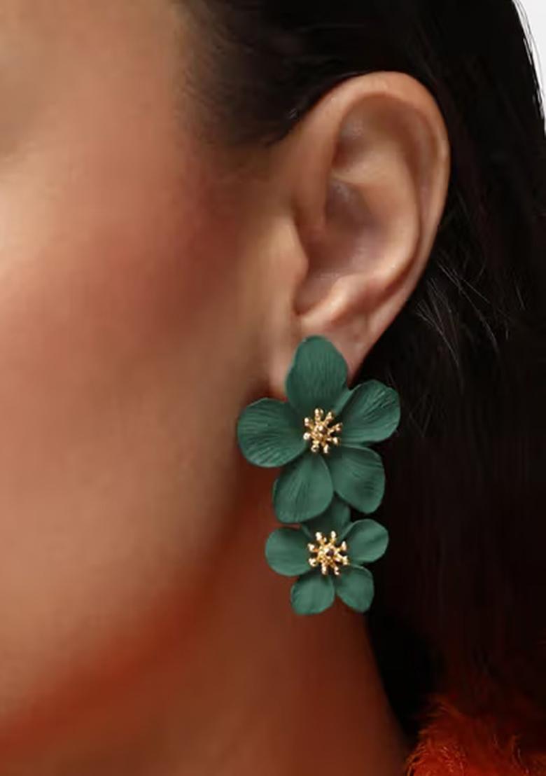 Green Floral Stud Earrings For Women