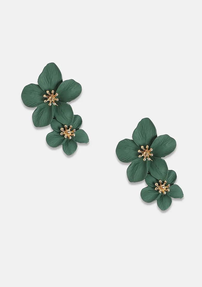 Green Floral Stud Earrings For Women