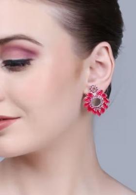 Red Double Round Kundan Earrings For Women