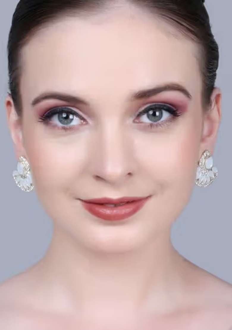 White C Shaped Kundan Stud Earrings For Women - Indya