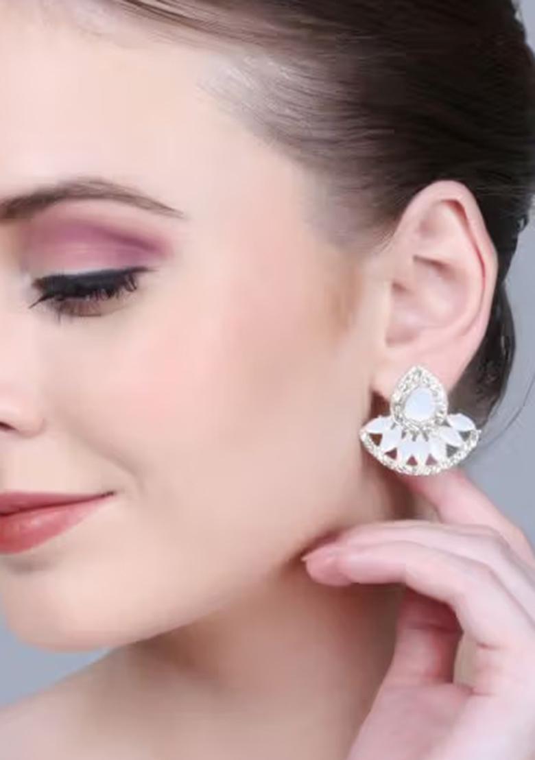 White C Shaped Kundan Stud Earrings For Women