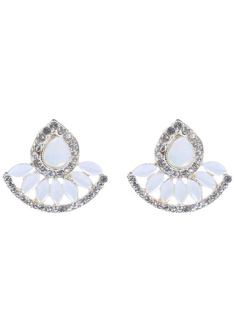White C Shaped Kundan Stud Earrings For Women - Indya