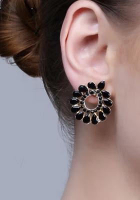 Black Center Drop Kundan Statement Earrings For Women
