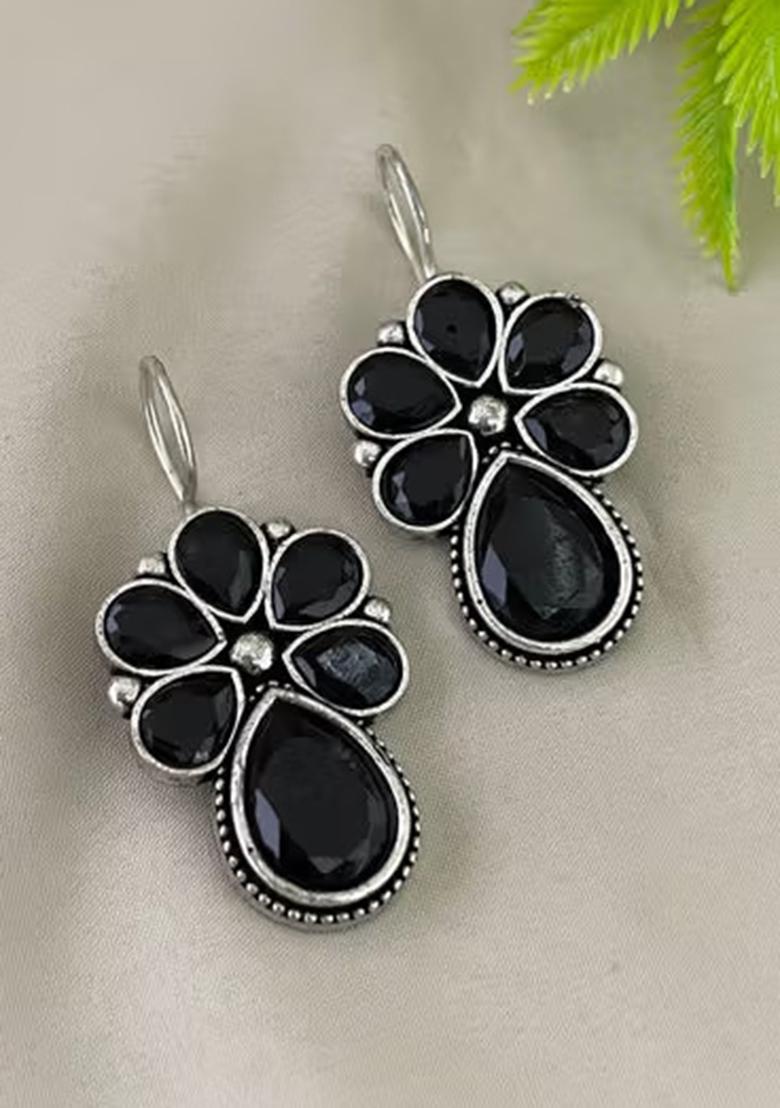 Black Floral Oxidised Statement Earrings For Women