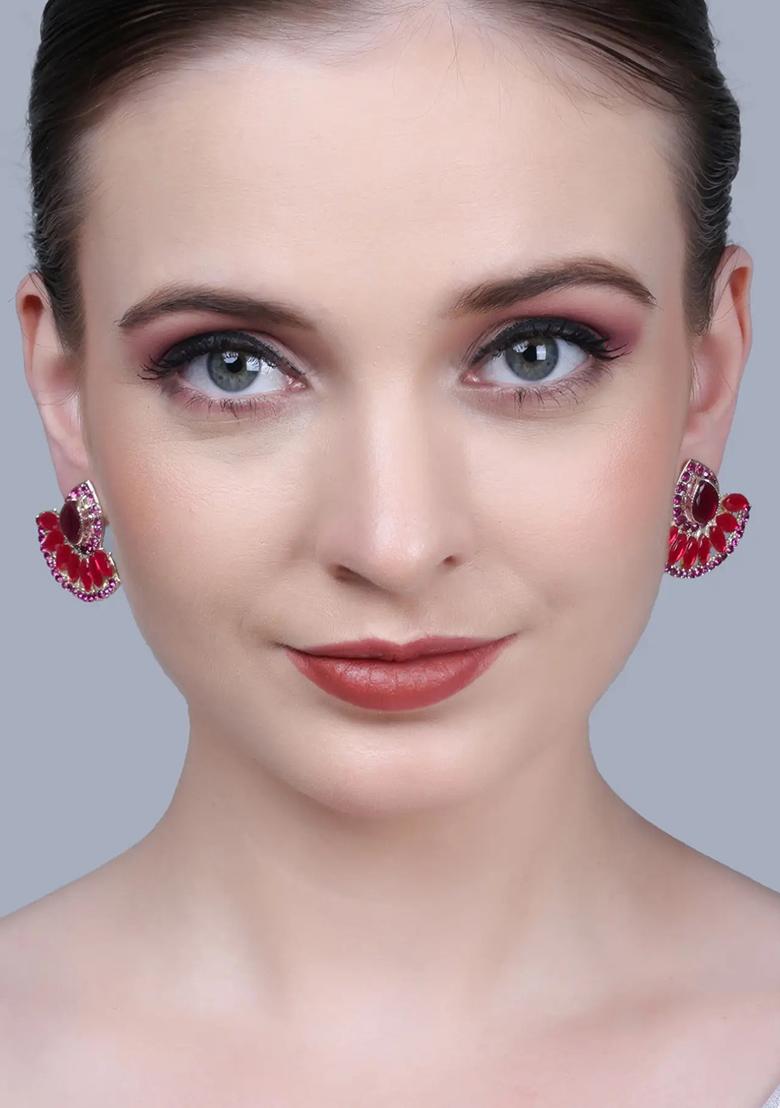 Red Big C Shaped Kundan Earrings For Women