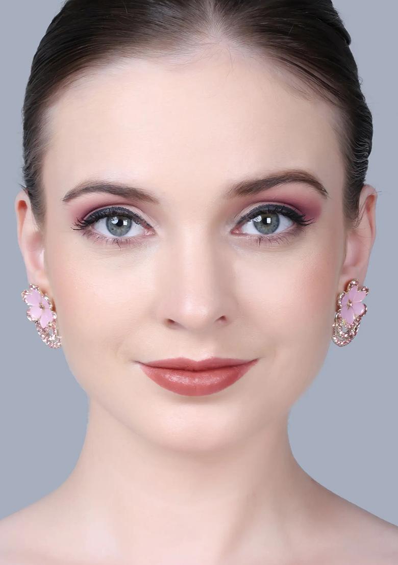 Pink Floral Earrings With Double Latkan Design