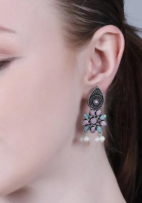 Pink Blue Evil Eye Oxidised Jhumki Earrings For Women