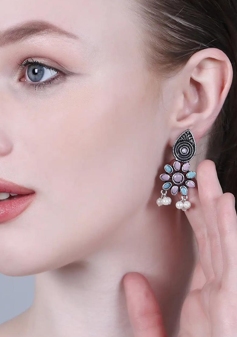 Pink Blue Evil Eye Oxidised Jhumki Earrings For Women