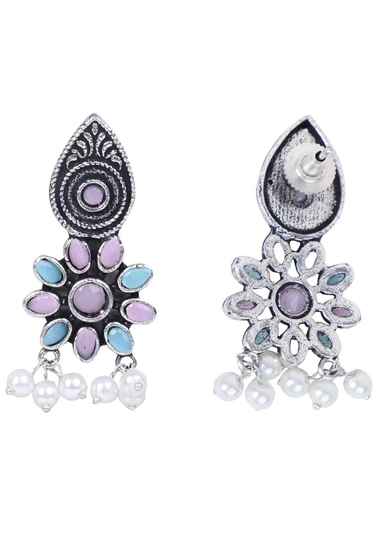 Pink Blue Evil Eye Oxidised Jhumki Earrings For Women