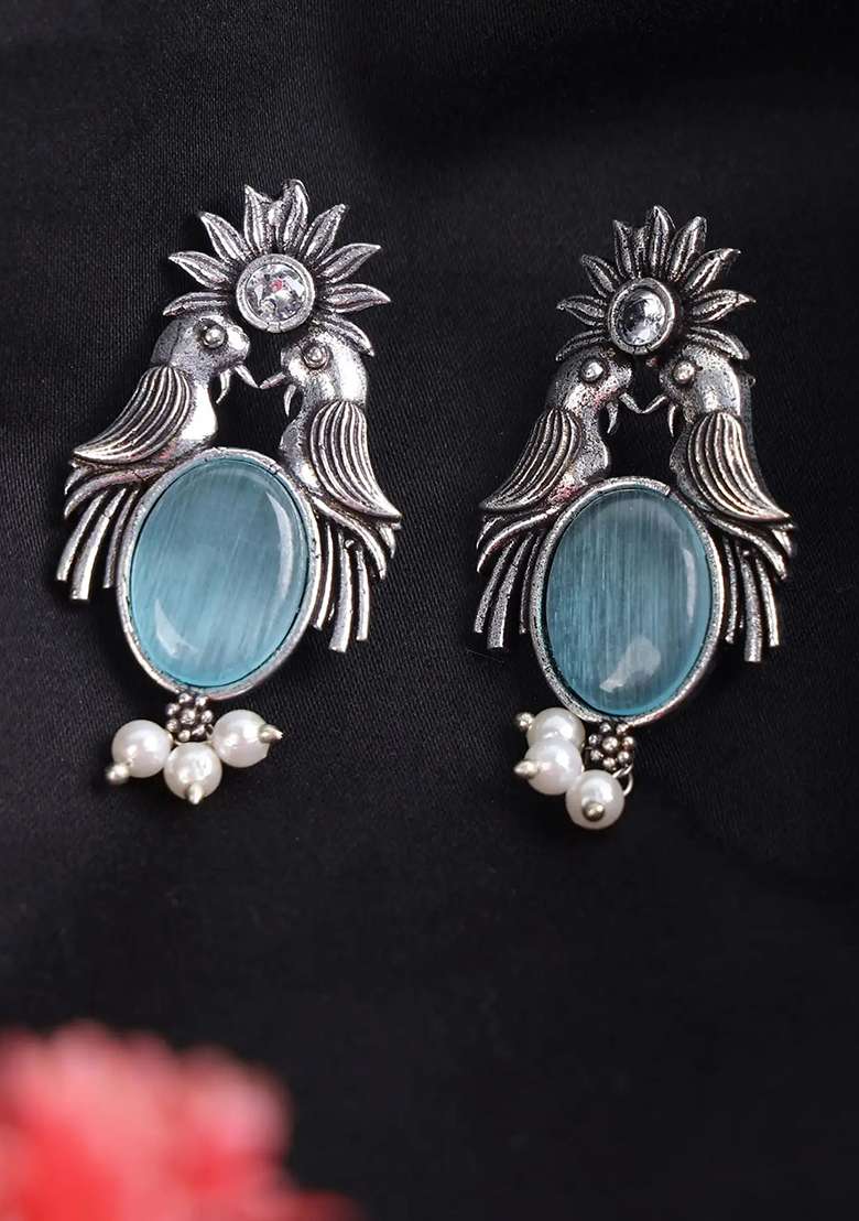 Light Blue Drop Oxidised Bird Earrings For Women - Indya