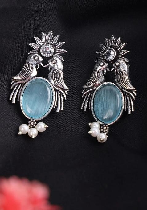 Light Blue Drop Oxidised Bird Earrings For Women