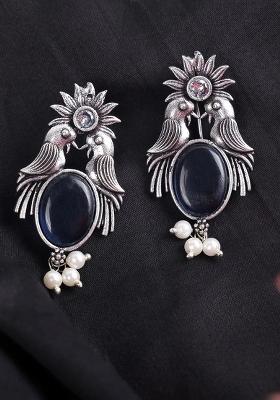 Black Stone Oxidised Bird Earrings For Women
