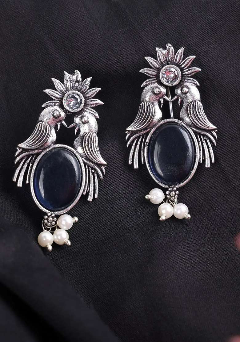 Black Stone Oxidised Bird Earrings For Women - Indya