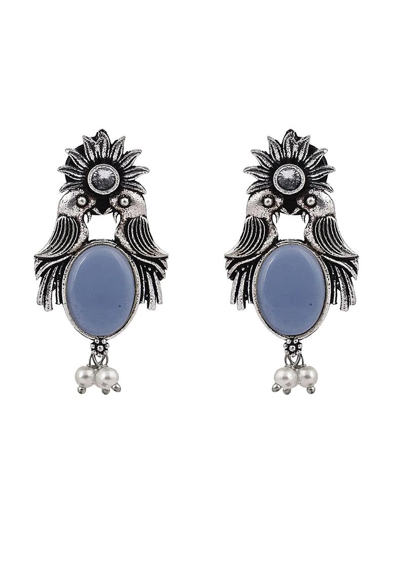 Black Stone Oxidised Bird Earrings For Women