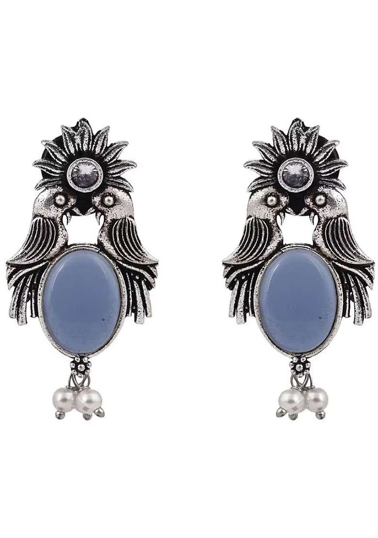Black Stone Oxidised Bird Earrings For Women - Indya