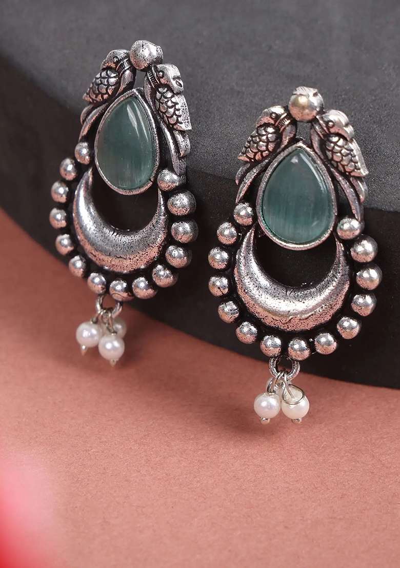 Green Drop Oxidised Bird Earrings For Women - Indya