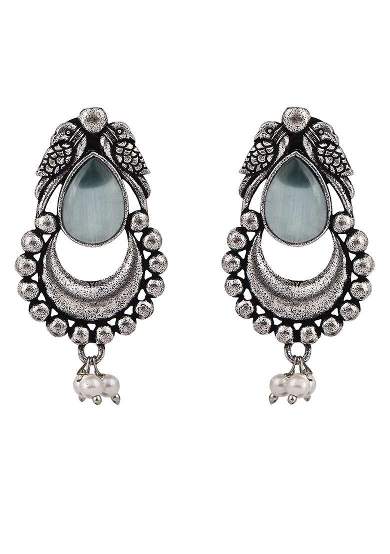 Green Drop Oxidised Bird Earrings For Women - Indya