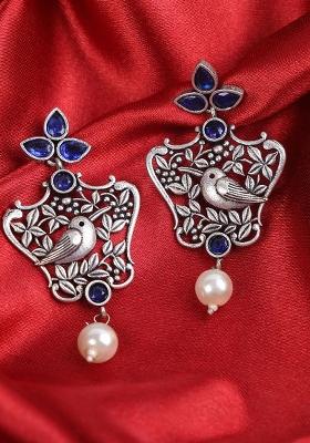 Blue Stone Bird Earrings With Leaf Design For Women