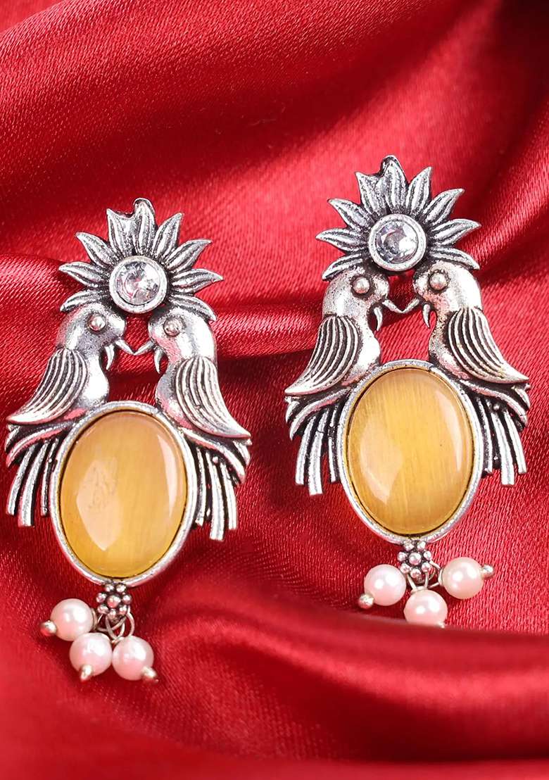 Yellow Stone Oxidised Bird Earrings For Women - Indya