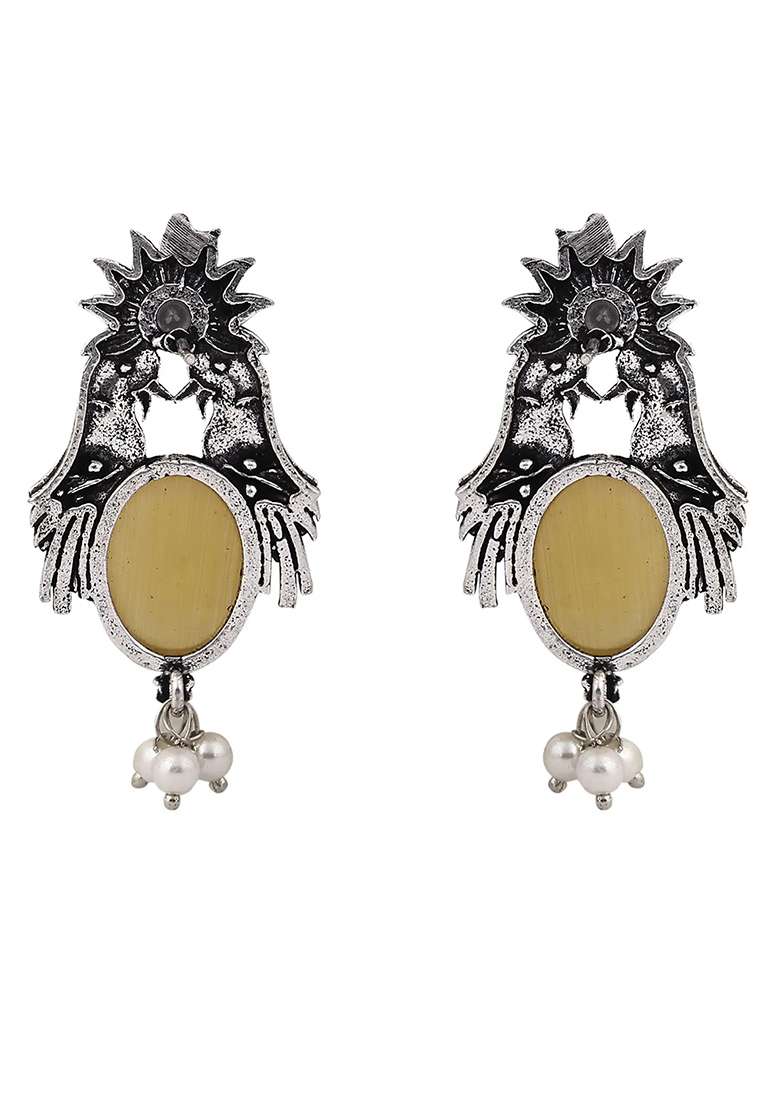 Yellow Stone Oxidised Bird Earrings For Women - Indya