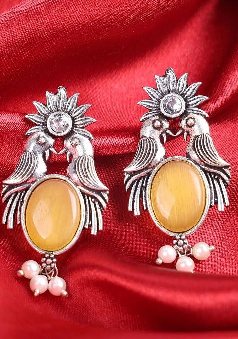 Yellow Stone Oxidised Bird Earrings For Women