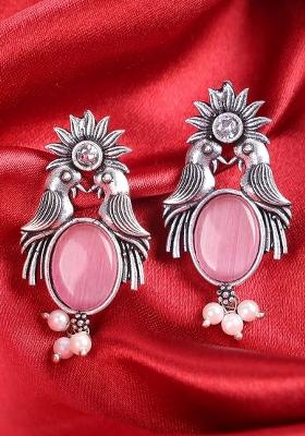 Pink Stone Oxidised Bird Earrings For Women