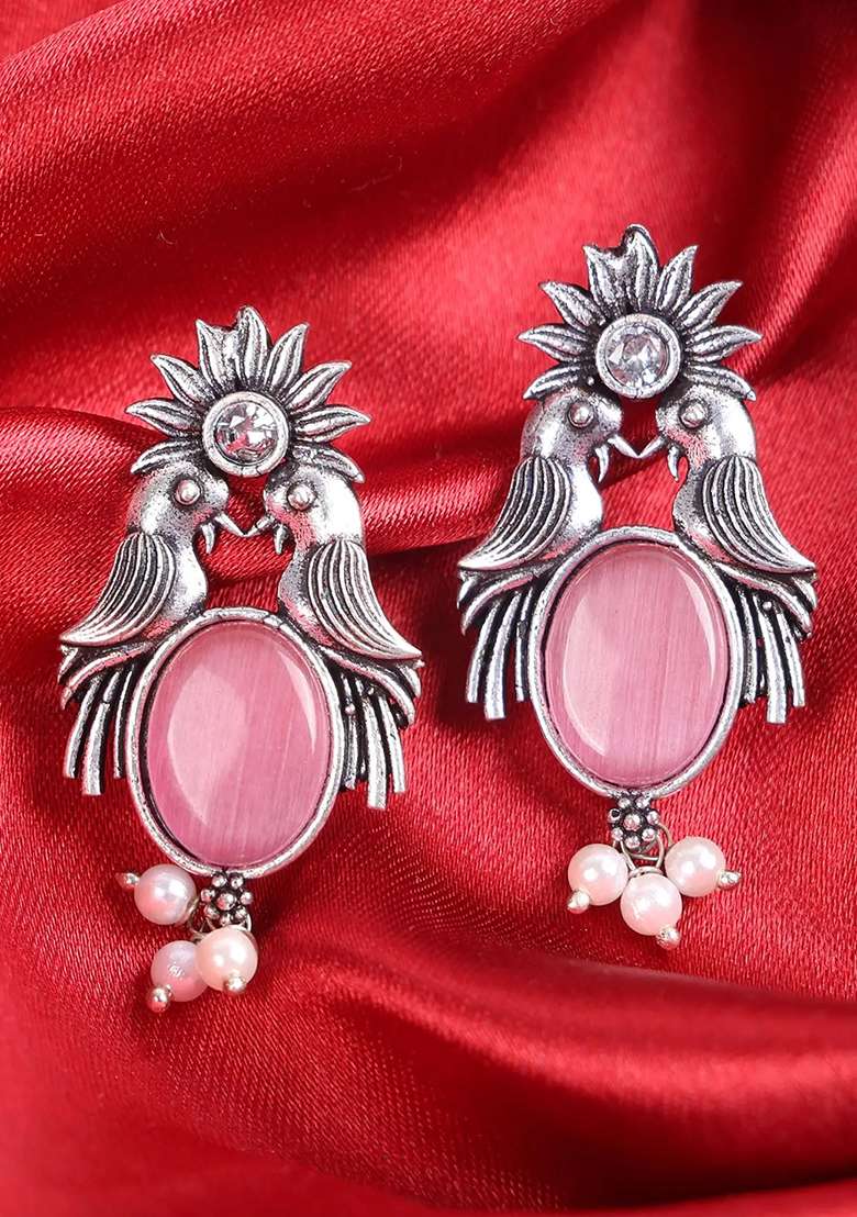 Pink Stone Oxidised Bird Earrings For Women - Indya