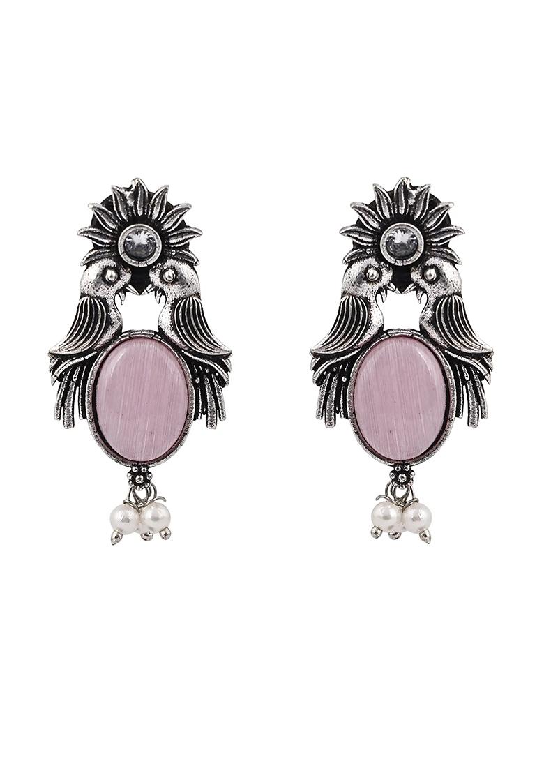 Pink Stone Oxidised Bird Earrings For Women