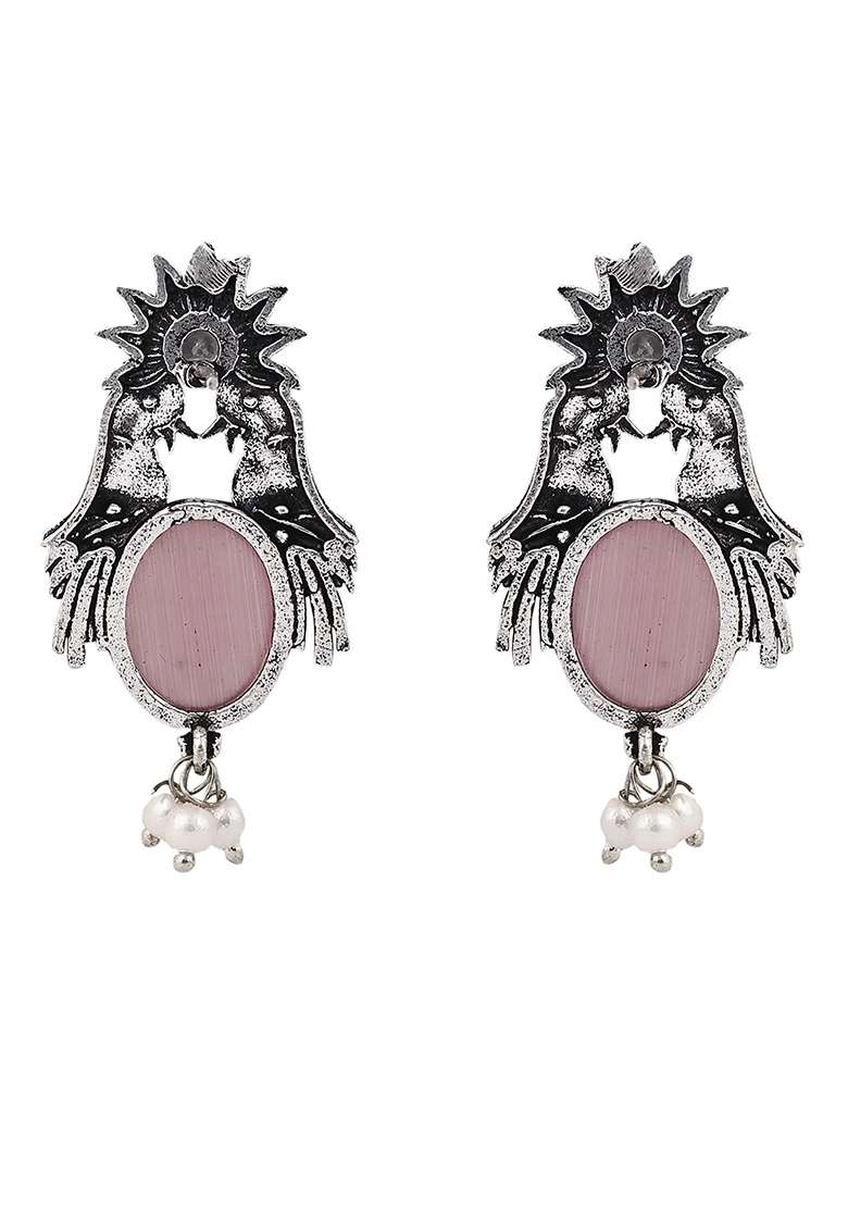 Pink Stone Oxidised Bird Earrings For Women - Indya
