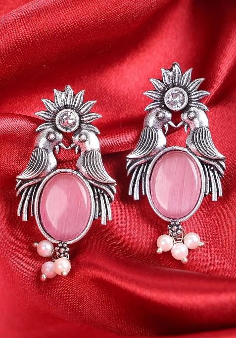 Pink Stone Oxidised Bird Earrings For Women