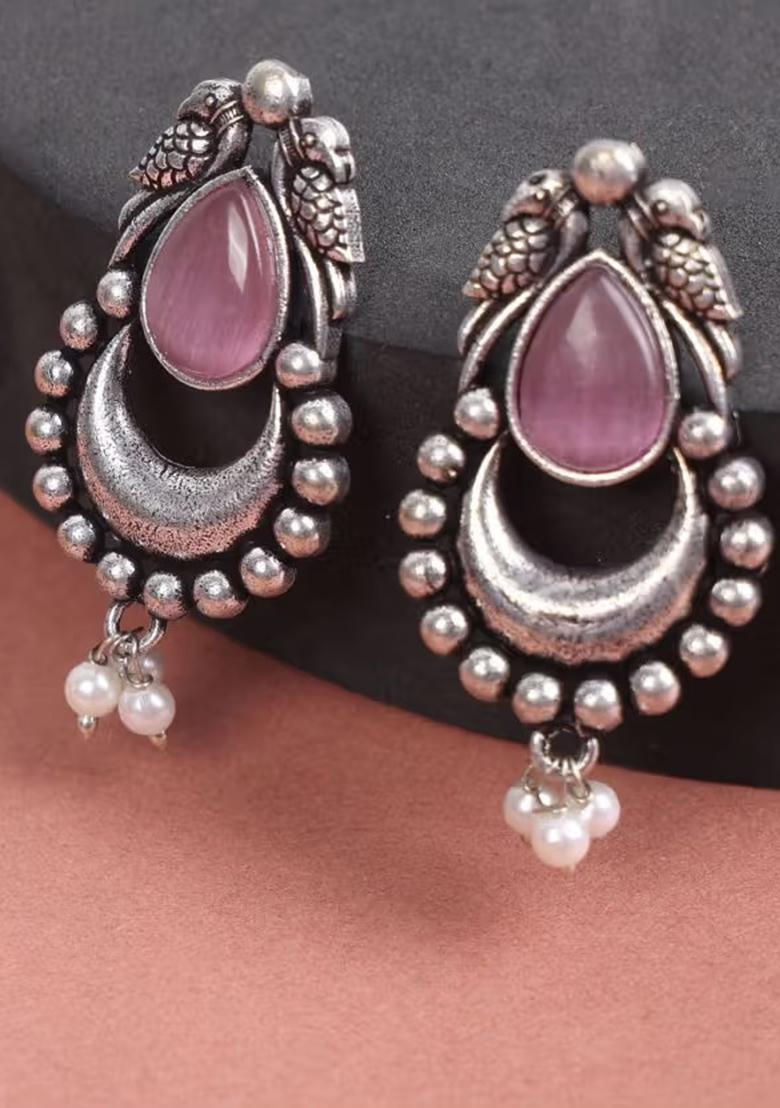 Pink Drop Oxidised Bird Earrings For Women