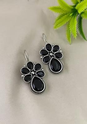 Black Stone Floral Oxidised Earrings For Women