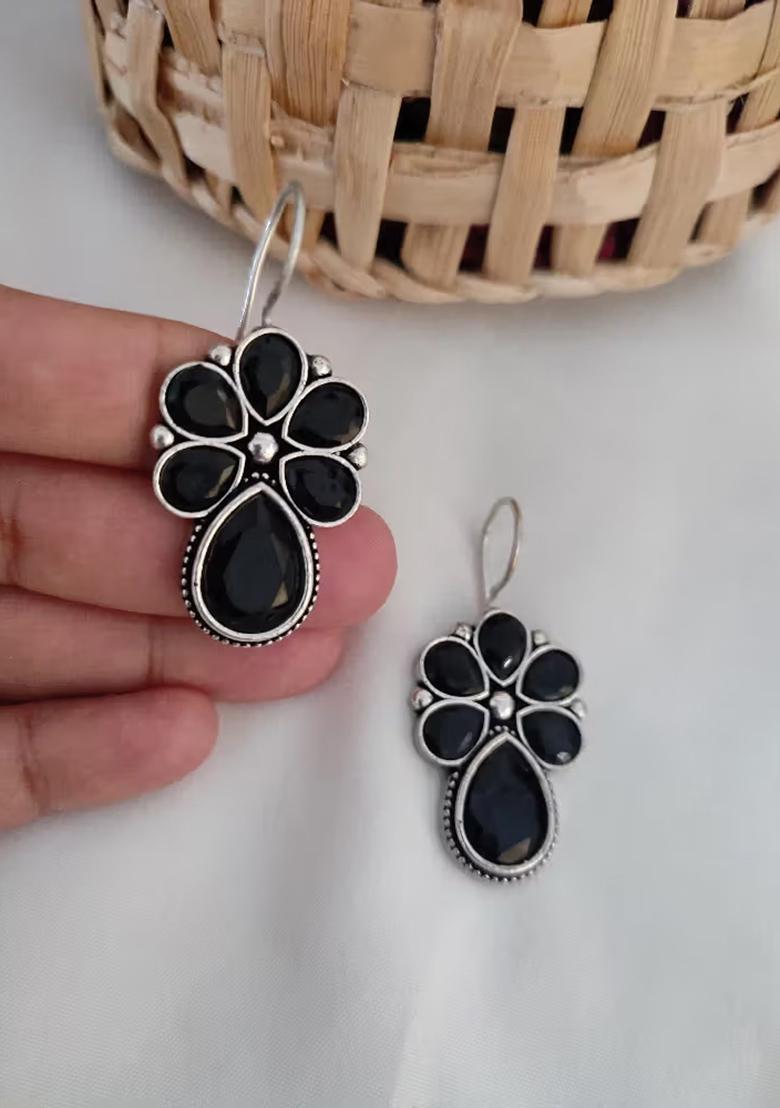 Black Stone Floral Oxidised Earrings For Women