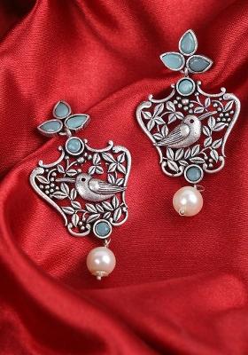 Light Blue Stone Bird Earrings With Leaf Design