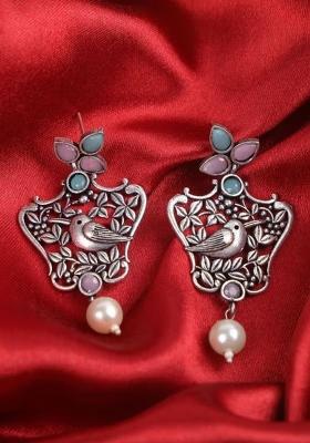 Pink Blue Bird Earrings With Leaf Accent For Women