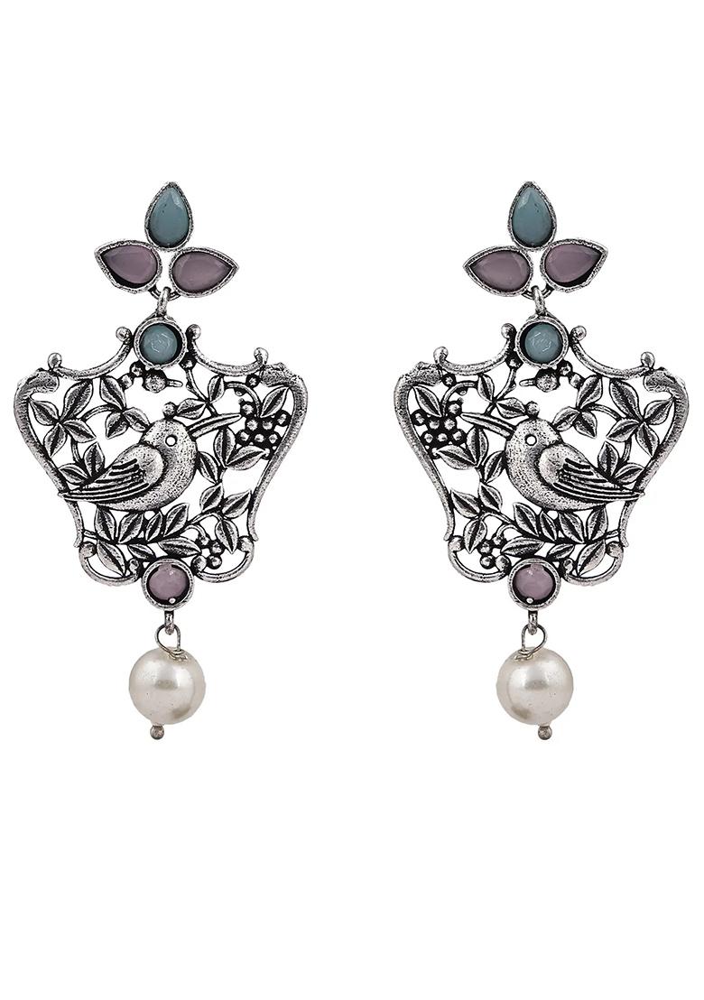 Pink Blue Bird Earrings With Leaf Accent For Women