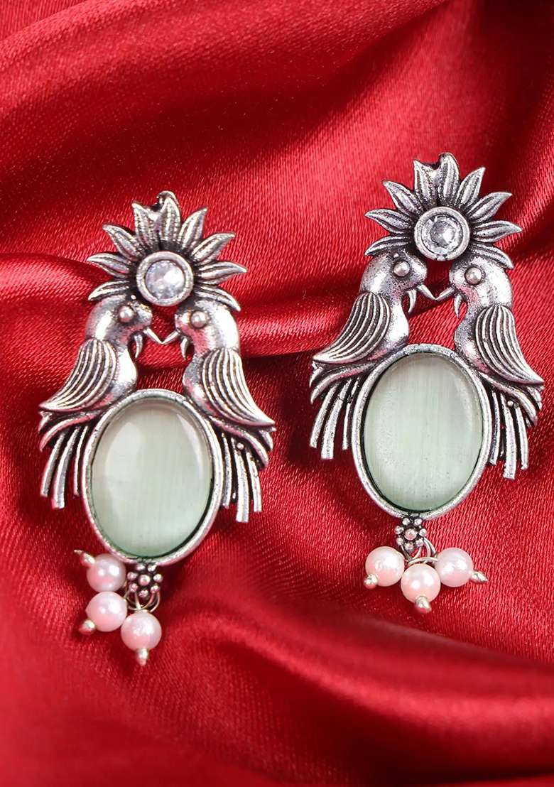 Yellow Stone Bird Earrings With Oxidised Finish - Indya