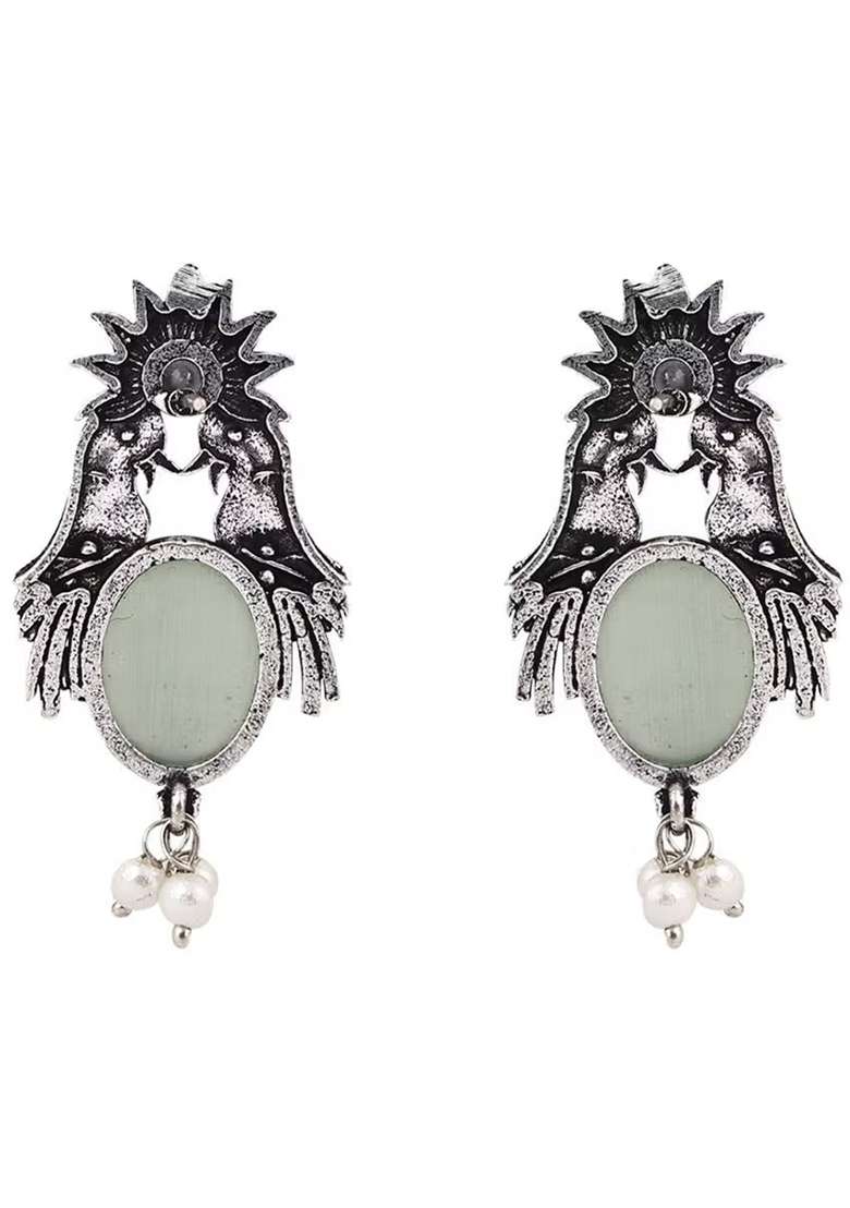 Yellow Stone Bird Earrings With Oxidised Finish - Indya