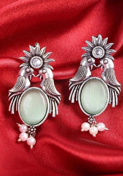 Yellow Stone Bird Earrings With Oxidised Finish