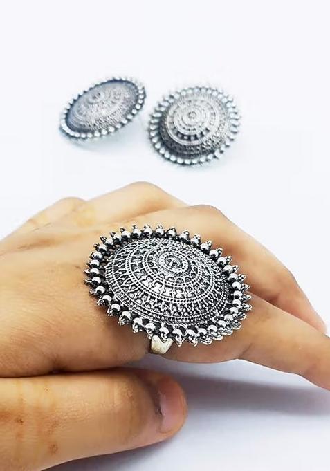 Cocktail Oxidised Earrings With Matching Rings Combo