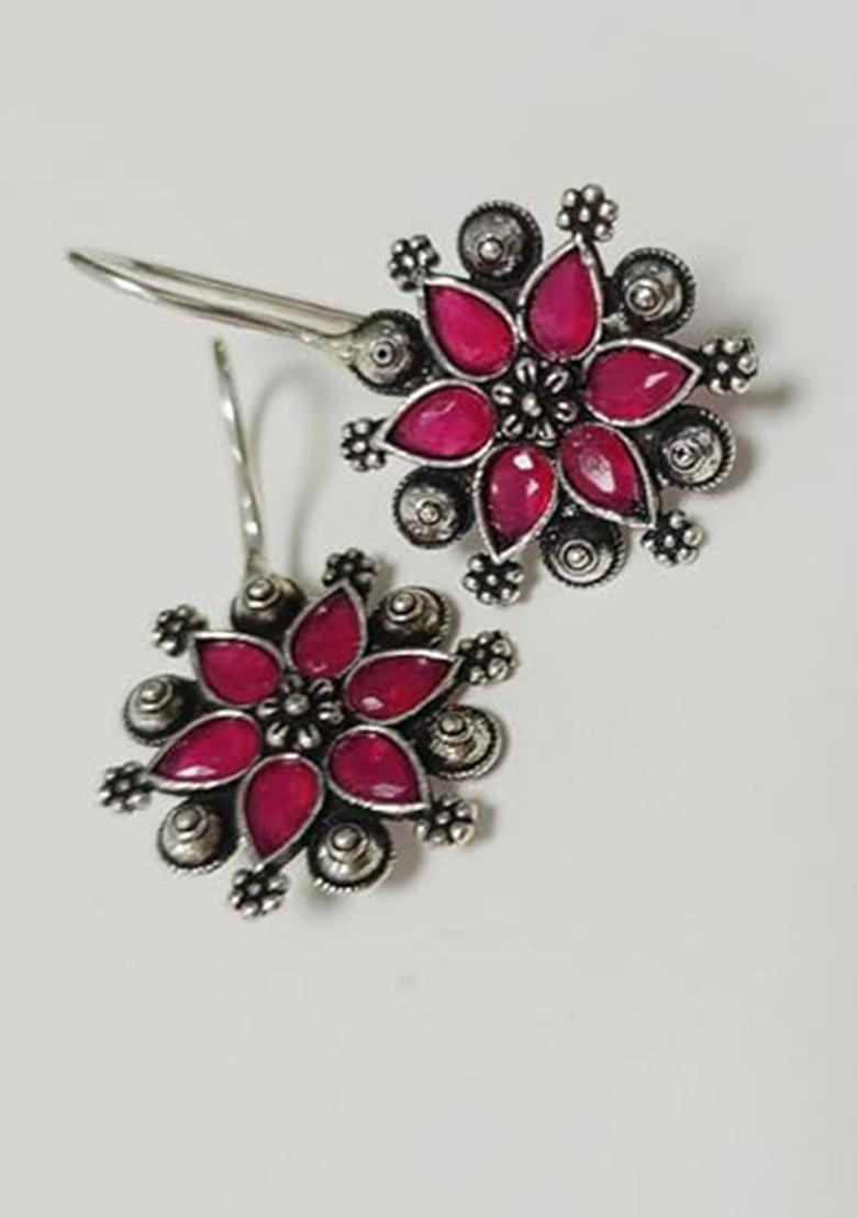 Pink Stone Floral Oxidised Earrings For Girls