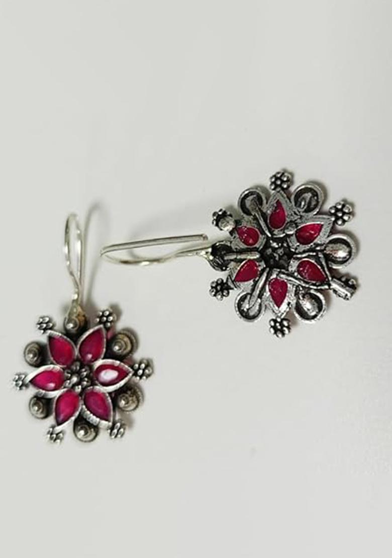 Pink Stone Floral Oxidised Earrings For Girls